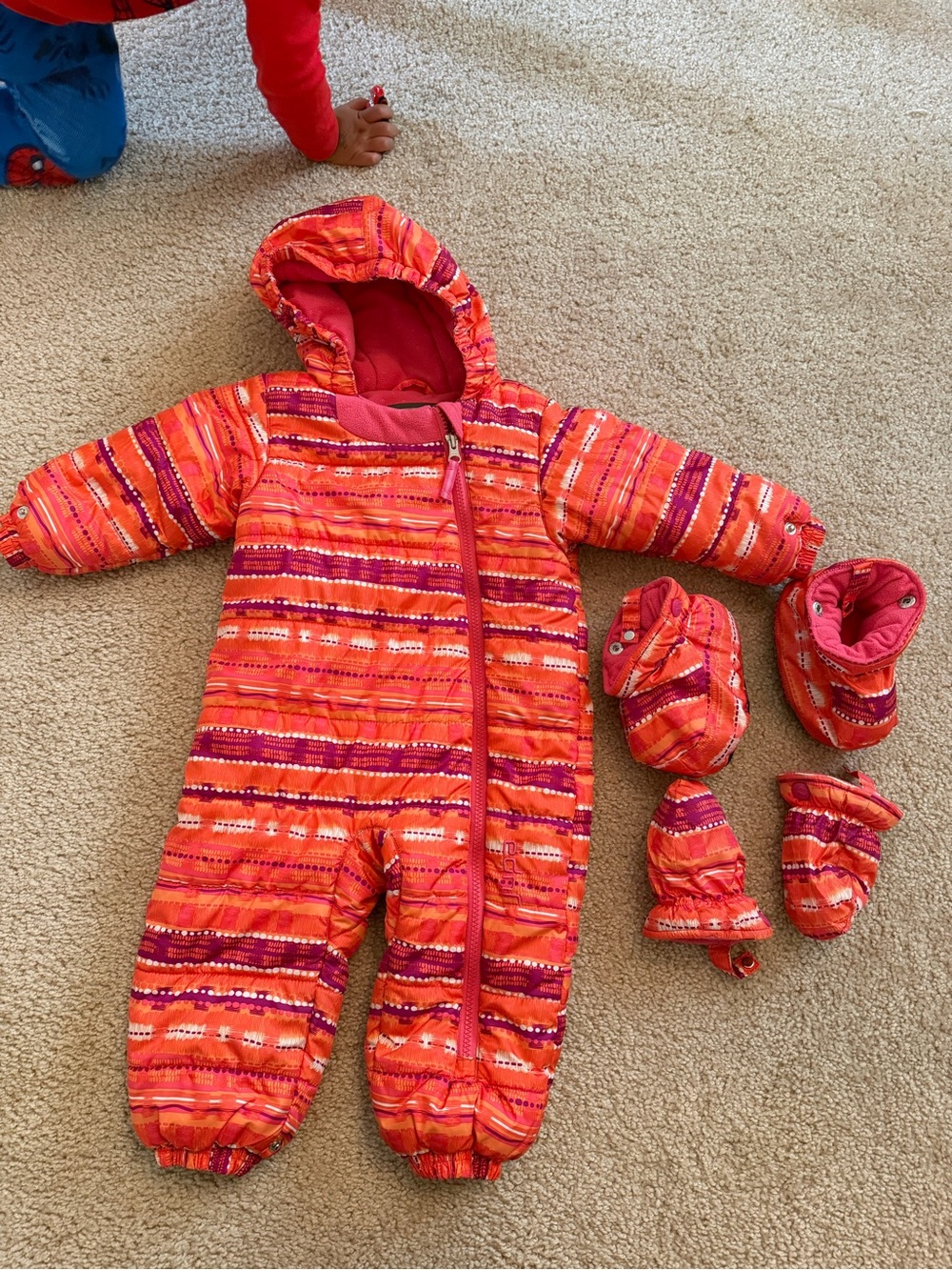 Jupa Kids One-Piece Snowsuit with Hood - Bright Orange Stripe 18months size